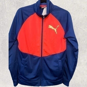 Men’s Puma sweat jacket cobalt blue, orange, yellow puma, zip front SMALL NEW